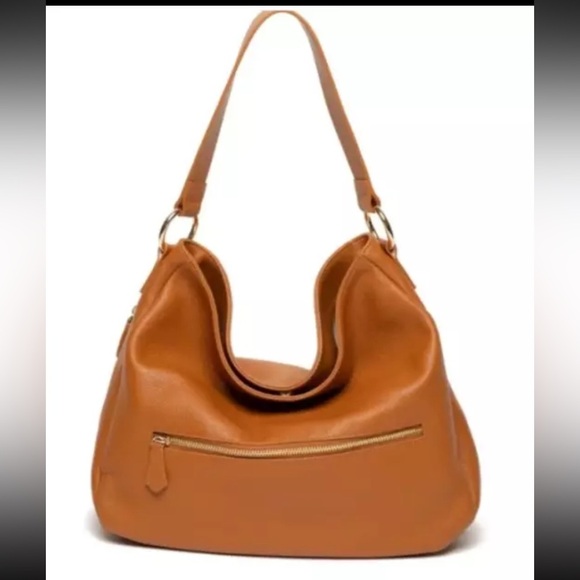 Laggo Taylor Hobo Pebbled Leather Front Zipper Pocket Shoulder Purse Cognac - Picture 1 of 12